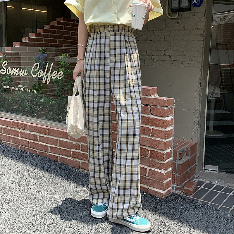 43497 New style plaid high-waist straight-leg casual pants trousers