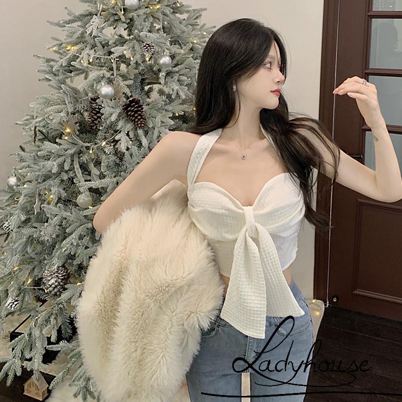 LD-Women’s Casual Halter Vest Fashion Solid Color Bow V-neck Backless Exposed Navel Camisole