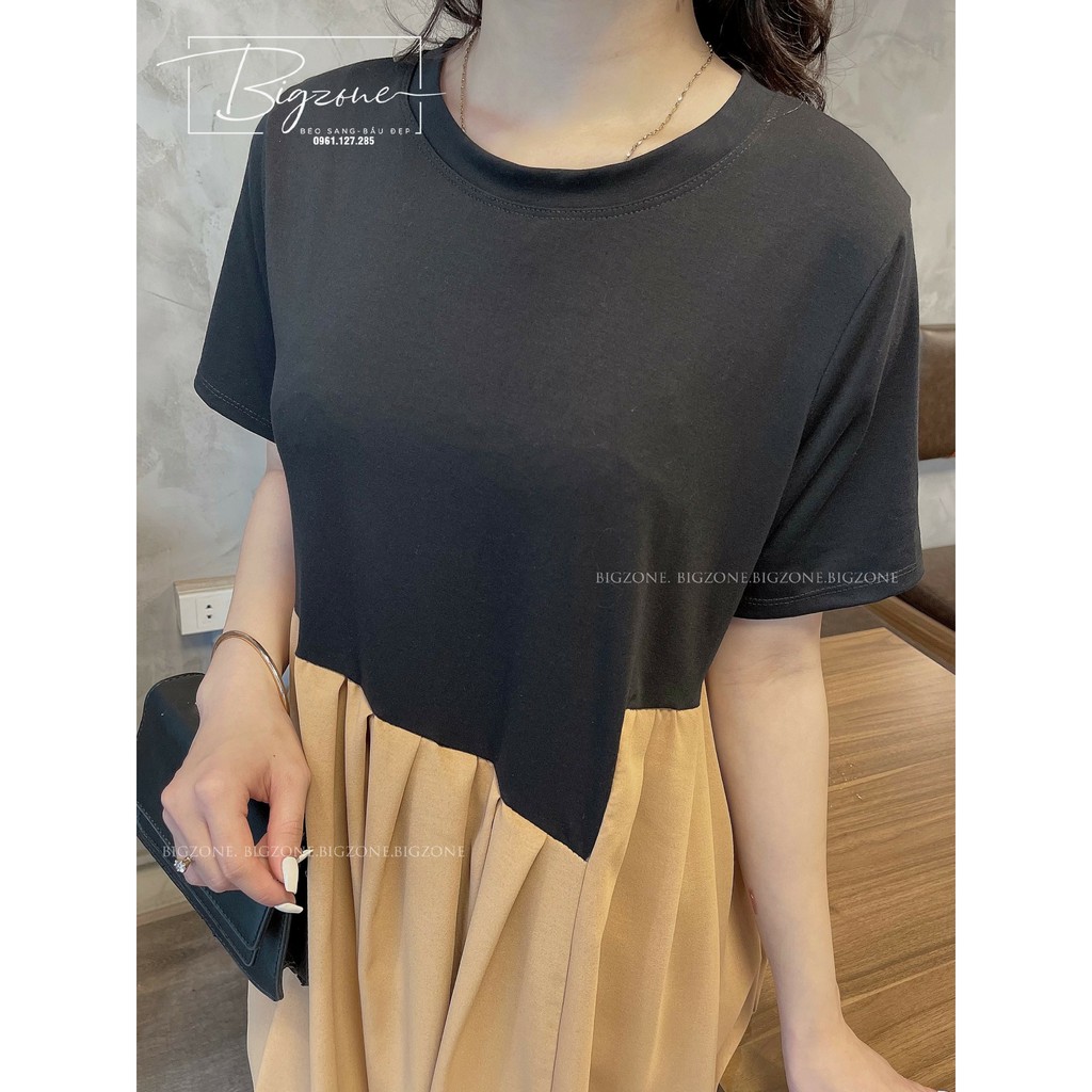 Đầm váy bầu cotton pha hai màu vạt chéo cách điệu 45 75kg