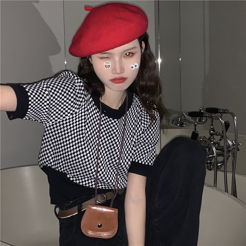 Áo Sweater Tay Ngắn Họa Tiết Sọc Caro Màu Tương Phản Thời Trang Mùa Hè Phong Cách Retro