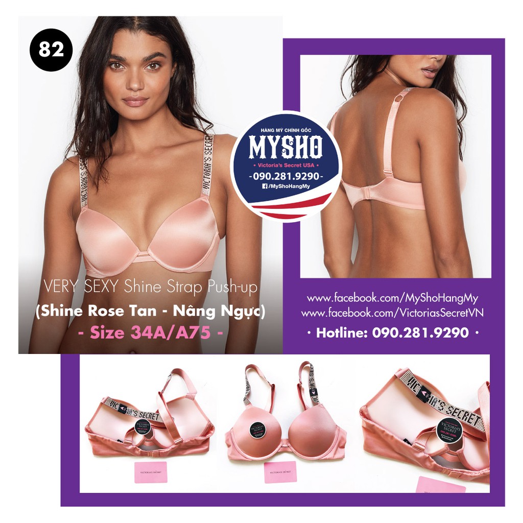 (34A/A75 - Bill Mỹ) - Áo ngực hồng đính hạt lấp lánh (82) Very Sexy, Rose Tan, nâng ngực - Victoria's Secret USA