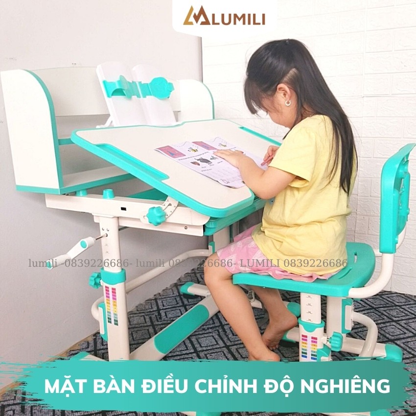 bàn ghế học sinh Lumili R08 có giá sách chống gù chống cận, bàn học thông minh kèm kệ sách phù hợp cho học sinh tiểu học