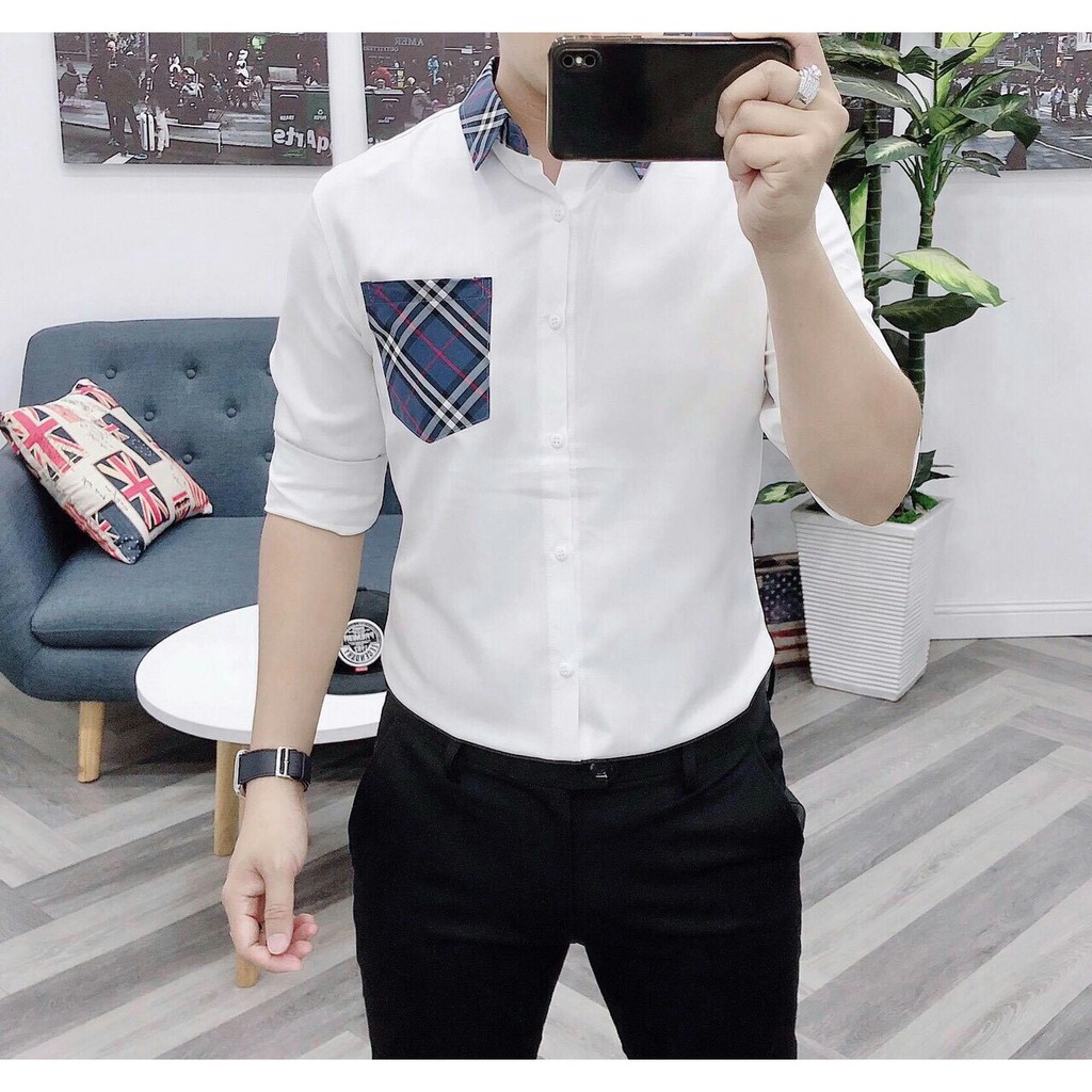 Áo sơ mi nam trắng dài tay kate lụa mẫu mới phối viền hàng cao cấp AHFASHION | BigBuy360 - bigbuy360.vn