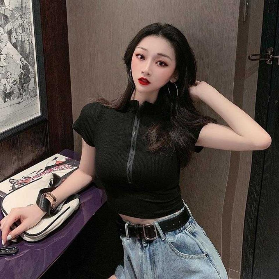 Áo Thun Ngắn Tay Phối Khóa Kéo Thời Trang Mùa Hè Hàn Quốc 2022 Dành Cho Nữ