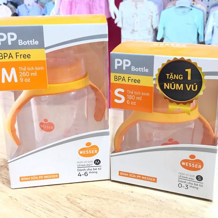 [Tặng 1 Núm Size S]Bình Sữa Wesser Nano Cao Cấp Cổ Rộng PP Bottle Kháng Khuẩn Có Tay Cầm Dung Tích 180ml/ 260ml