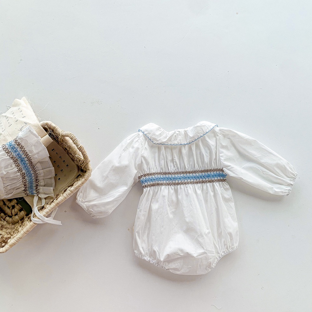 Set đồ liền thân tay dài + mũ thêu hoa dành cho bé gái sơ sinh