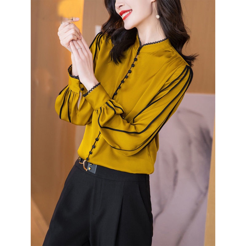 Áo Sơ Mi Giả Lụa Tay Dài Màu Sắc Thời Trang Cho Nữ