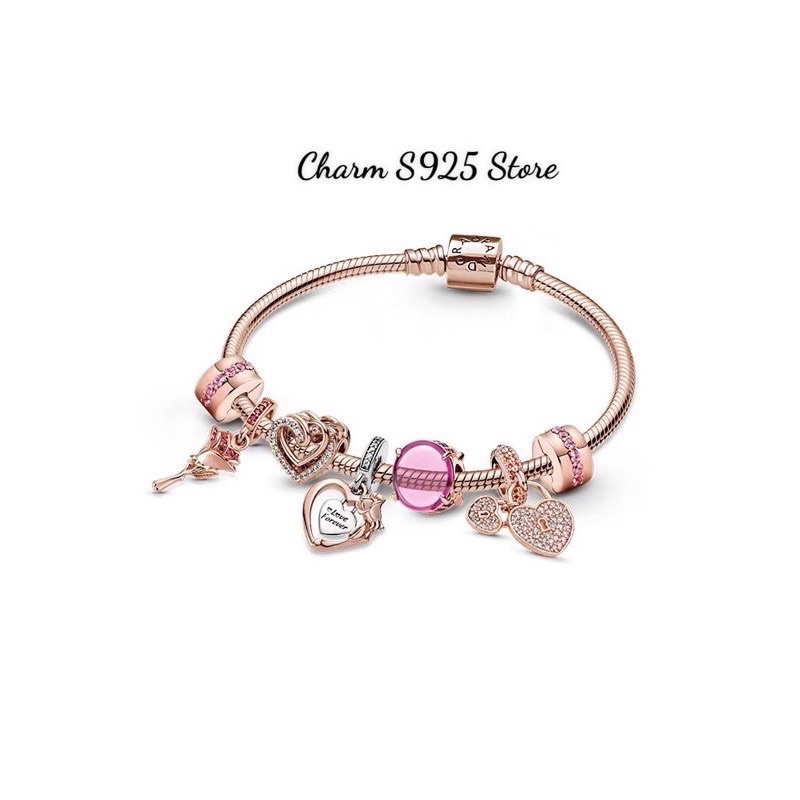 combo bộ vòng tay pan Ale mix 7 hạt charm hoa hồng bạc s925 cao cấp