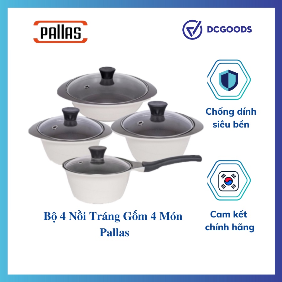 Bộ Nồi Tráng Gốm 4 Món Dùng Cho Bếp Từ Pallas Nội Địa Hàn Quốc Màu Trắng Sữa. Chống Dính Siêu Bền, Giữ Nhiệt Cực Lâu.