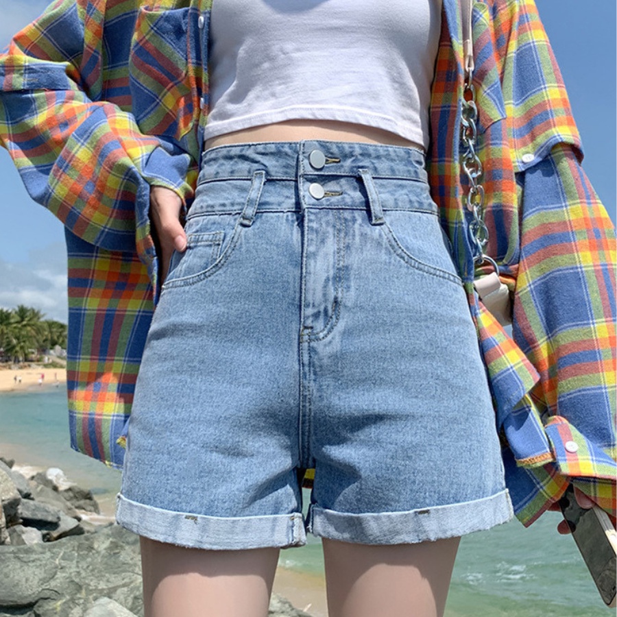 Quần short jean nữ lưng cao hai nút, quần đùi ngố ống rộng lật lai
