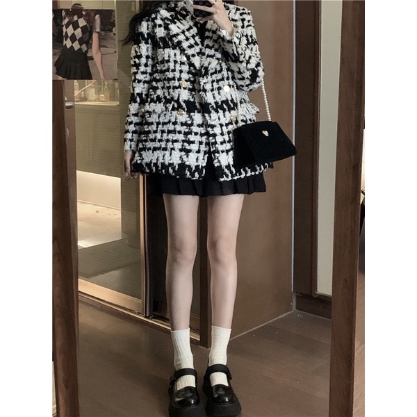 Áo khoác dạ tweed kẻ đen trắng cổ vest phối cúc vàng tiểu thư sang chảnh hot ulzzang áo khoác mùa đông