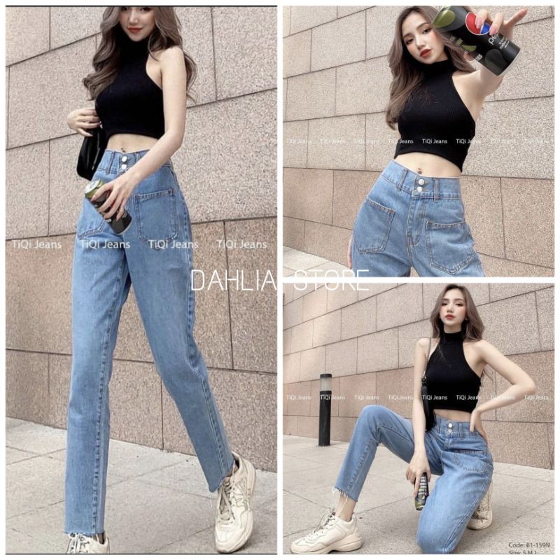 Quần jeans nữ 2 khuy dọc cạp cao ống đứng