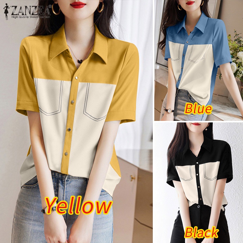Áo kiểu ZANZEA tay ngắn cổ bẻ phối màu tương phản thời trang cho nữ