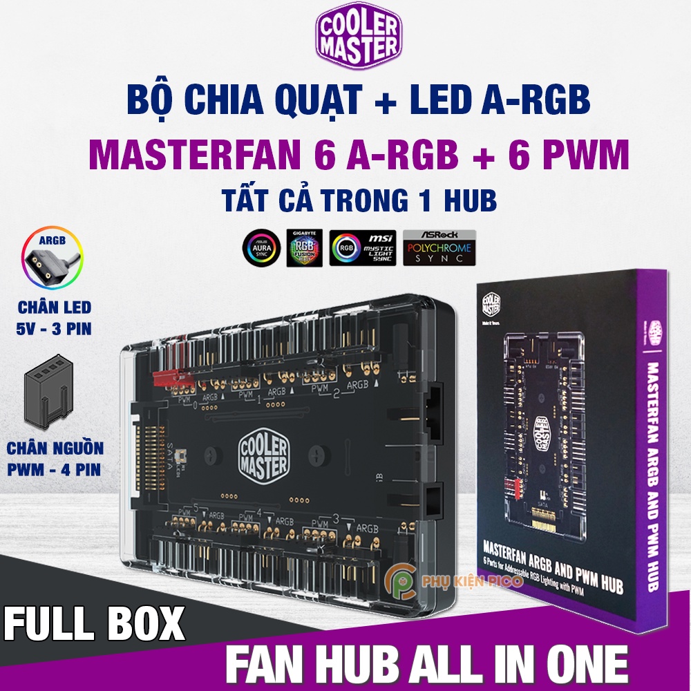 Bộ chia quạt Masterfan PWM Hub chính hãng Cooler Master 10 chân cắm 4 pin, hỗ trợ điều tốc, nguồn SATA