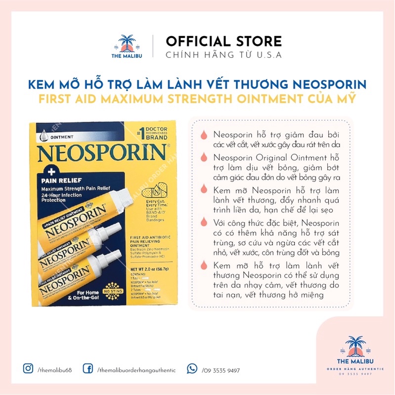 Kem mỡ hỗ trợ làm lành vết thương Neosporin First Aid Maximum Strength Ointment của Mỹ