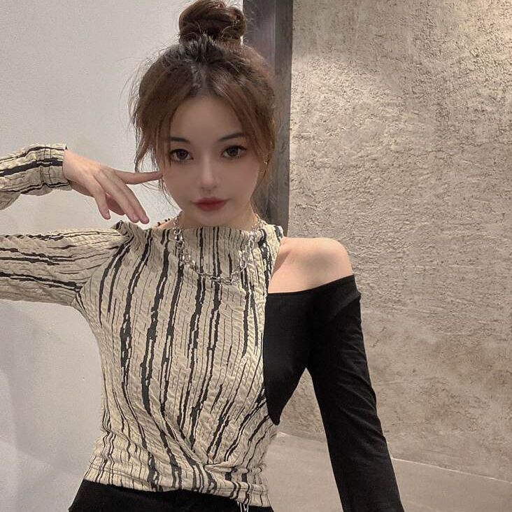 Jiashucheng Áo Tay Dài Dáng Ôm Hở Xương Quai Xanh Gợi Cảm