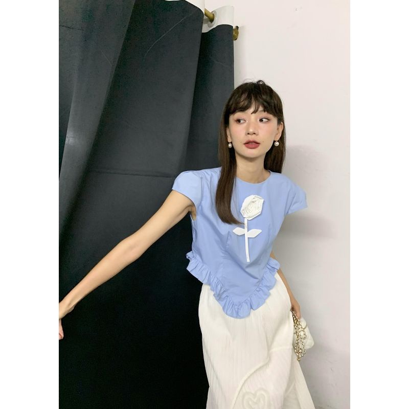Áo Kiểu Ngắn Tay Cổ Tròn Thời Trang Hàn Quốc Ngọt Ngào Cho Nữ