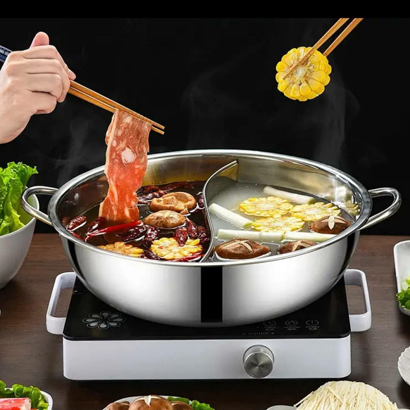 Nồi Lẩu 2 Ngăn Nắp Kính Dùng Cho Bếp Từ và Hồng Ngoại Chất Liệu Inox Dày Dặn Sang Trọng