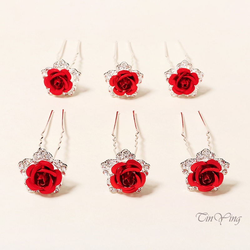 GETNOIVAS Set 6 Trâm Cài Tóc Hình Chữ U Đính Hoa Hồng Làm Thủ Công Cho Nữ