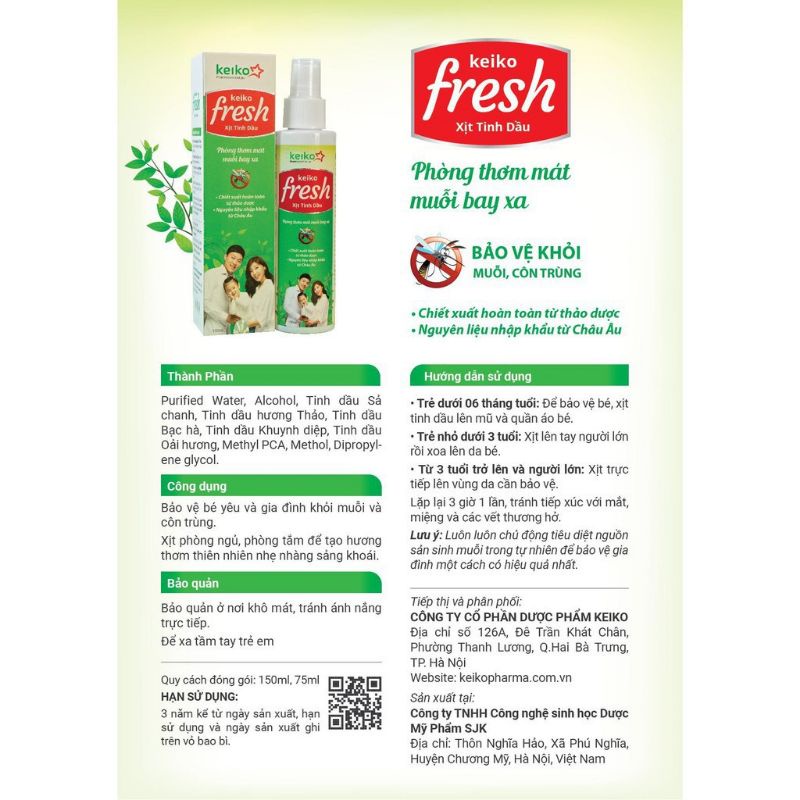 Xịt tinh dầu KEIKO FRESH (150ml/75 ml) Bảo vệ bé và gia đình khỏi muỗi và côn trùng