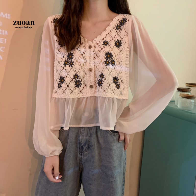 SUXI Áo sơ mi voan cổ tim thêu họa tiết hoa cúc thanh lịch thời trang cho nữ