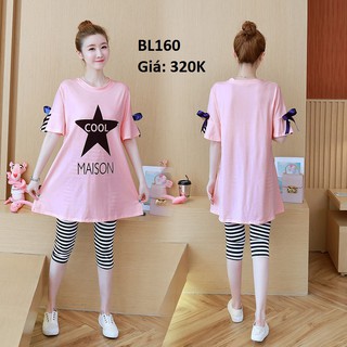 Bộ đồ bầu đi chơi cotton mát mẻ bl160, bộ bầu quần nới thun tăng đưa