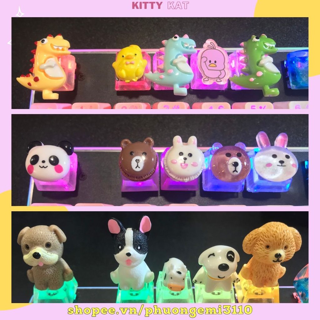 Nút bàn phím động vật Xuyên Led 🐱🐶🐥 Keycaps thú cưng handmade chó, mèo, gấu, thỏ, panda, gà, vịt