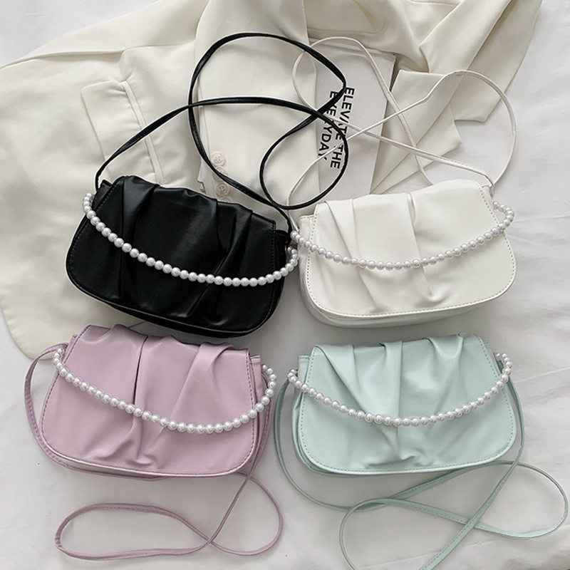 Túi đeo chéo IELGY bằng da mềm hình đám mây đính ngọc trai phối dây xích kiểu Hàn Quốc dễ thương cho nữ