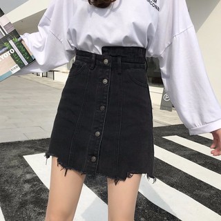 Chân Váy Đen Khuy Lệch Chữ A Cạp Cao Tua Ulzzang [Kèm Ảnh Thật]