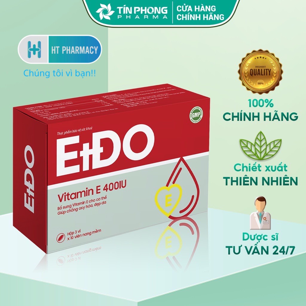 Viên Uống Vitamin E EtĐo Chiết Xuất Thiên Nhiên Giúp Làm Chậm Lão Hóa Da Căng Mịn Giảm Nhăn Hộp 30 Viên