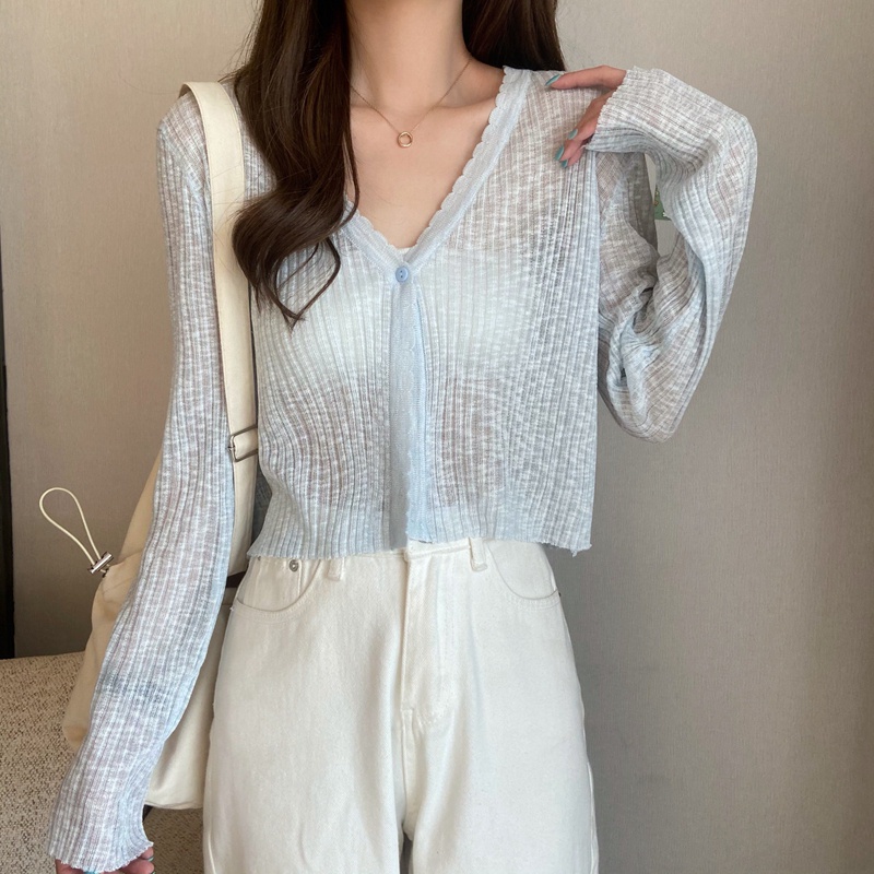Áo khoác cardigan ZHELIHANGFEI dệt kim vải lụa lạnh tay dài chống nắng in kẻ sọc màu trắng mùa hè cho nữ