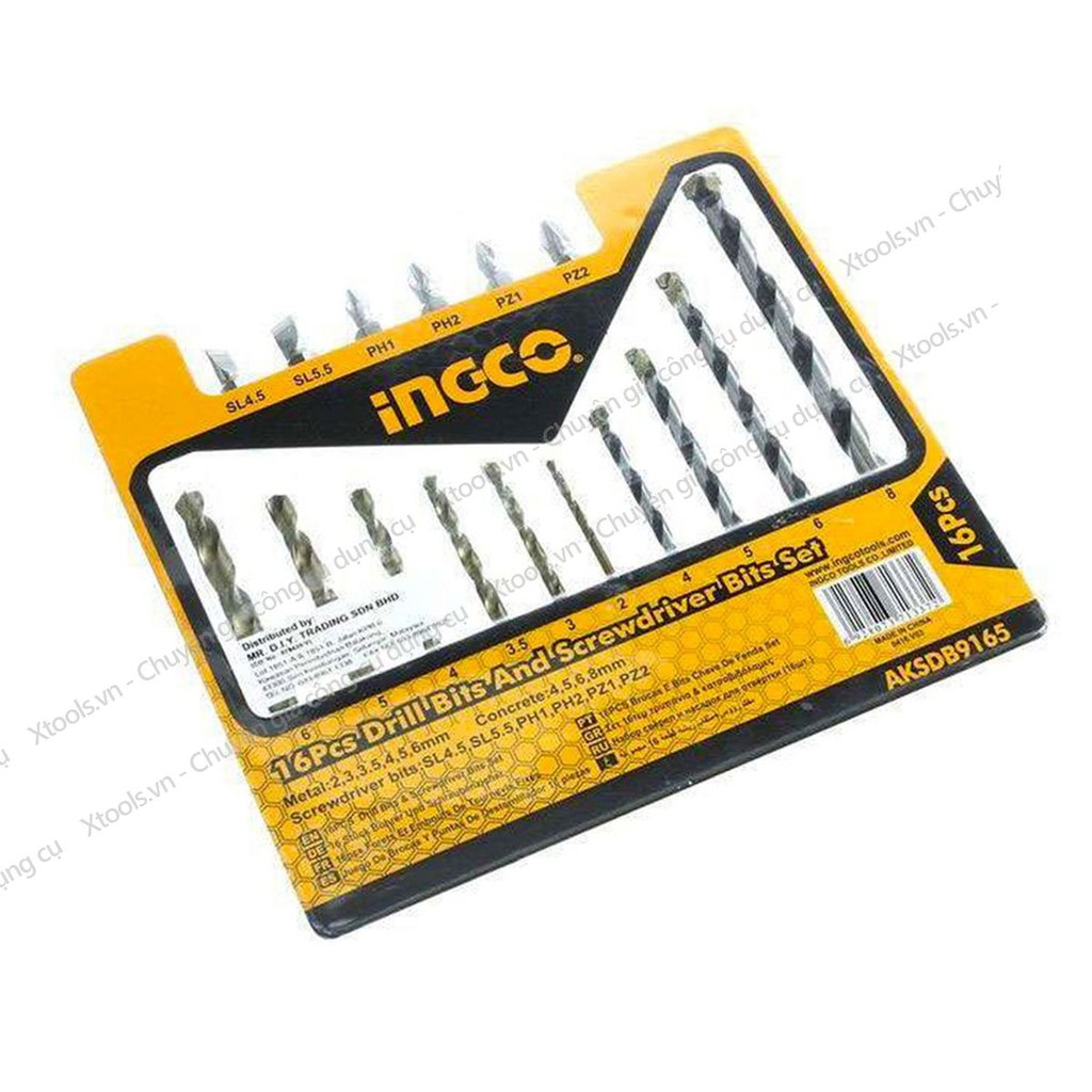 Bộ mũi khoan bê tông và siết vít HSS 16 chi tiết INGCO AKSDB9165, 6 mũi khoan xoắn 2-6mm, 6 mũi bê tông 4-8mm, 5 mũi vít
