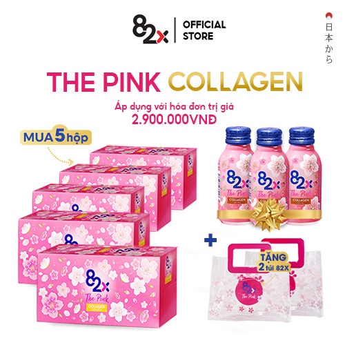 Combo 5 Hộp - 82X The Pink Collagen 1000mg Collagen, Vitamin C và Khoáng Chất Đến Từ Nhật Bản (100ml/chai)
