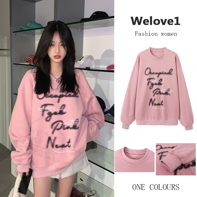 QOEDDV Áo sweater Mỏng Tay Dài Cổ Tròn Dáng Rộng Màu Hồng Thiết Kế Xinh Xắn Phong Cách Mỹ Cổ Điển Thời Trang Cho Nữ
