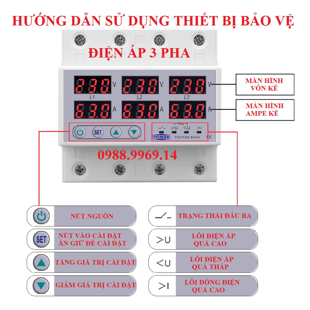 BẢO VỆ ĐIỆN ÁP 3 PHA CÓ MÀN HÌNH VÔN AMPE. SỬ DỤNG CHO CẢ 1 PHA VÀ 3 PHA