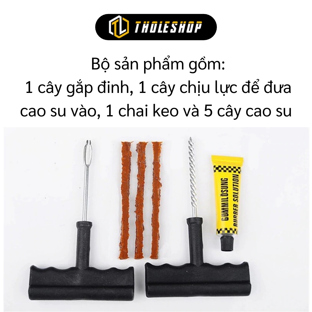 Bộ vá xe không ruột - Gồm 1 cây gắp đinh, 1 cây chịu lực để đưa cao su vào, 1 chai keo và 3 cây cao su 3085