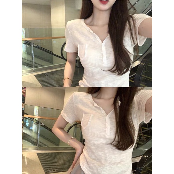 Áo thun nữ cúc thật có túi TAY NGẮN - CH11