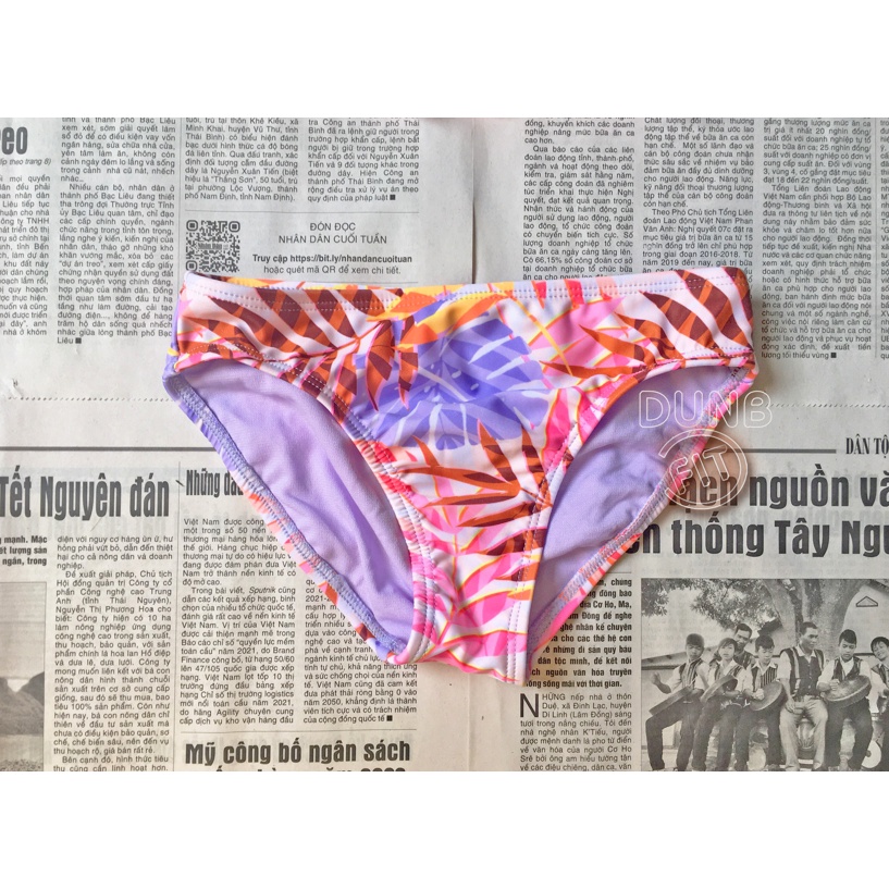 Đồ bơi 2 mảnh 2 dây cổ yếm áo xòe viền bèo quần tam giác họa tiết lá cọ tím hồng cam cho bé gái 4 tuổi đến 12 tuổi