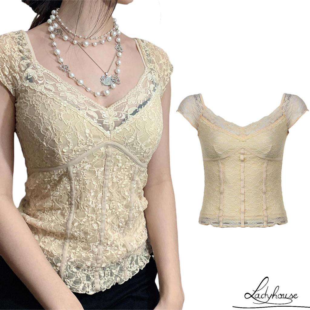 Áo thun tay ngắn cổ chữ V phối ren thời trang xuân hè cho nữ