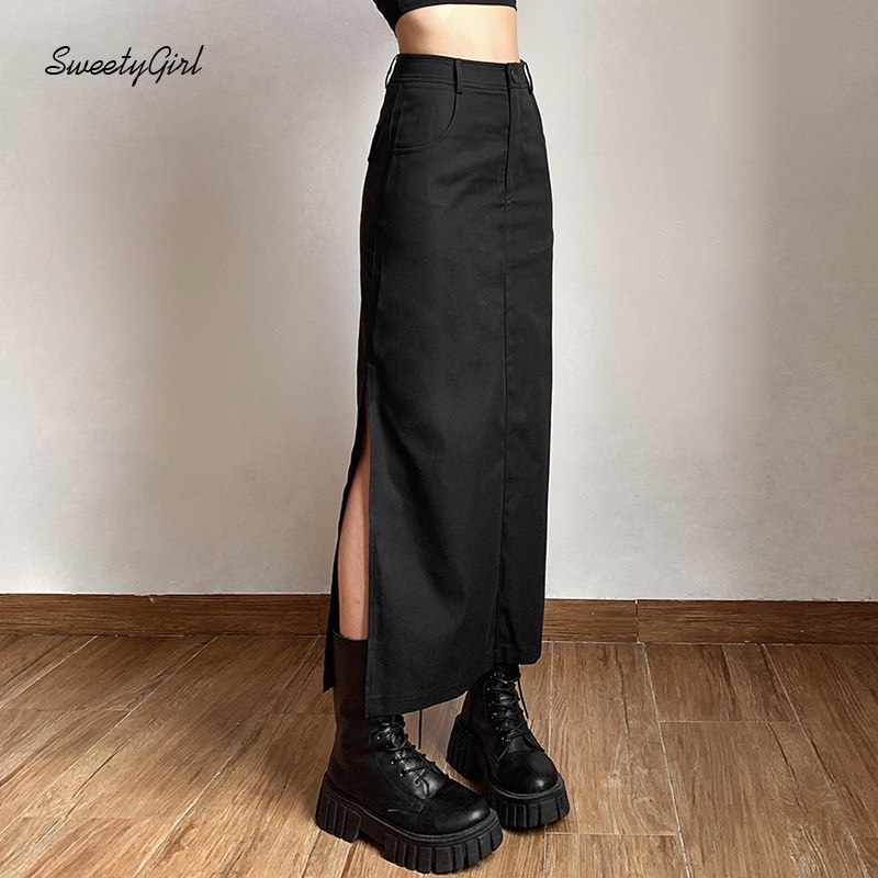 Chân Váy Maxi Lưng Cao Màu Đen Trơn Cài Nút Thời Trang 2022 Quyến Rũ Cho Nữ