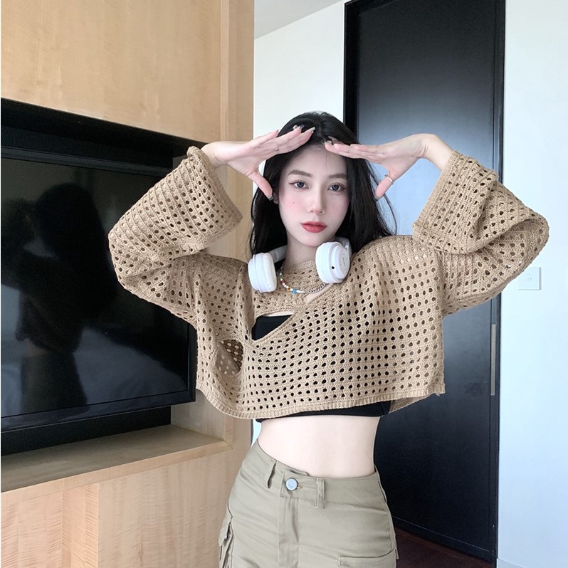 Áo croptop nữ Leeva Shop vải len đan xẻ cách điệu A386