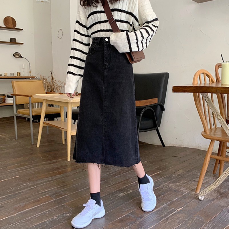 Chân váy jeans dài SUNNNY chân váy bò chữ a dáng dài qua gối trơn tua gấu_V3