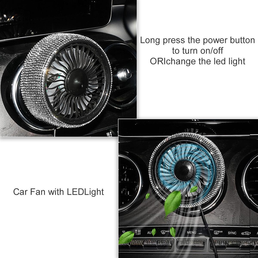 Quạt Làm Mát 3 Tốc Độ 3 Tốc Độ Xoay 360 Độ Cho Xe Hơi° Quạt Xoay Có Đèn LED Pha Lê Lấp Lánh Gắn Lỗ Thông Gió Xe Hơi SHOPCYC0150