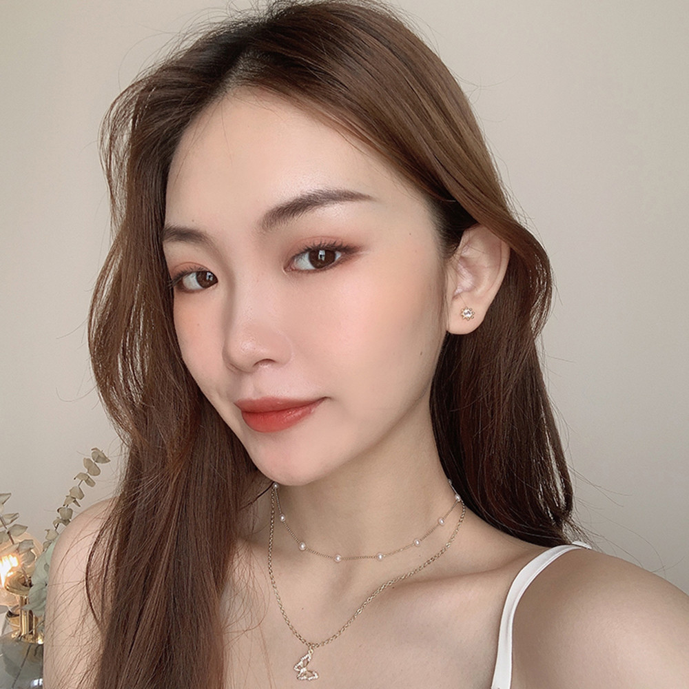 Khuyên Tai Hoa Hướng Dương Khảm Đá Phối Ngọc Trai Giả Thời Trang