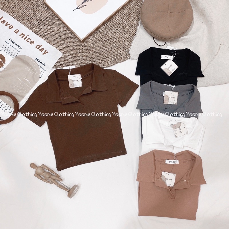 Áo croptop cổ bẻ polo đức cổ V chất cotton hàn cho nữ Yoomeclothing