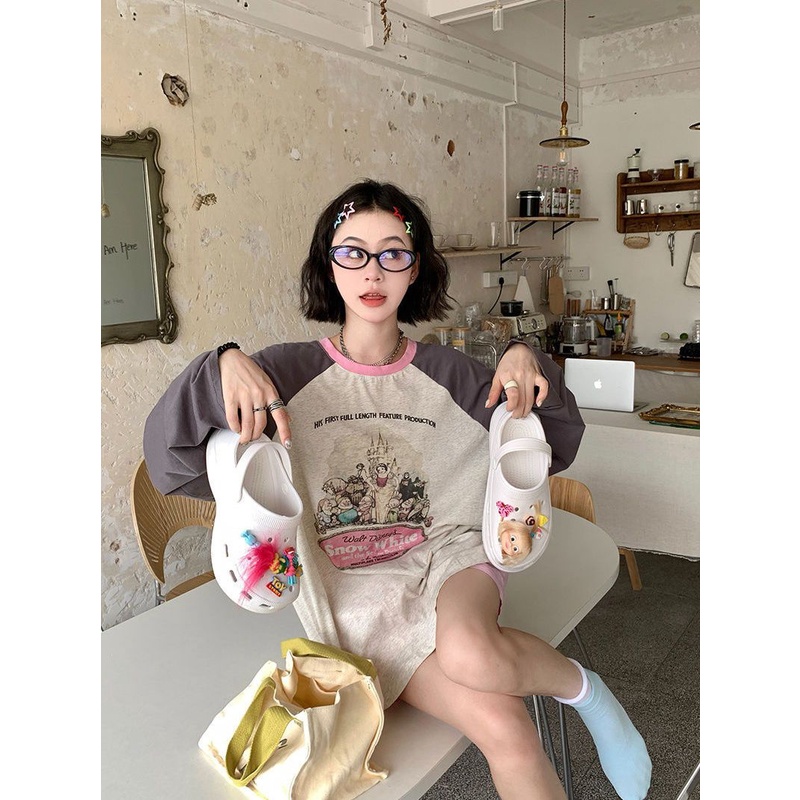 JSC Áo Thun Tay Dài Dáng Rộng Phong Cách Retro Mỹ Plus Size Cho Nữ MM100kg 300Kg