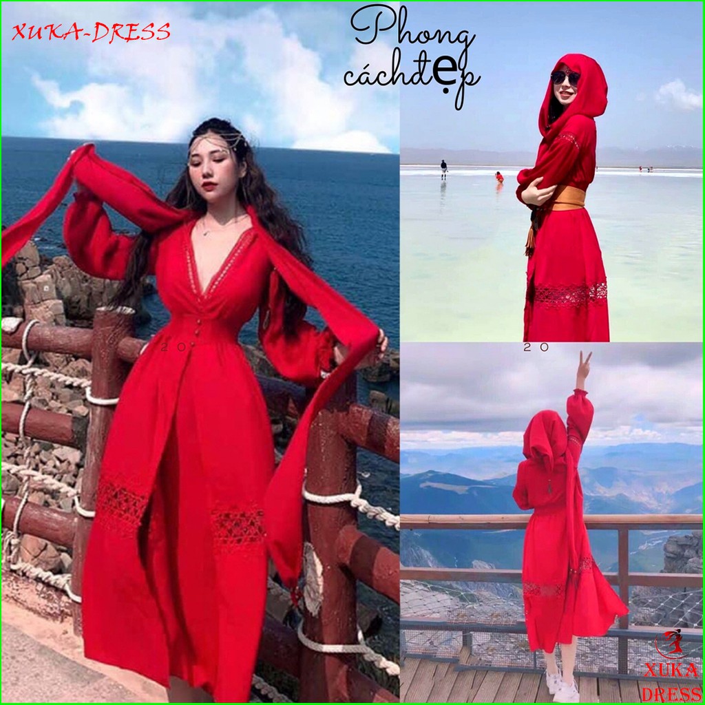 Đầm maxi đi biển lụa kèm khăn xẻ tà