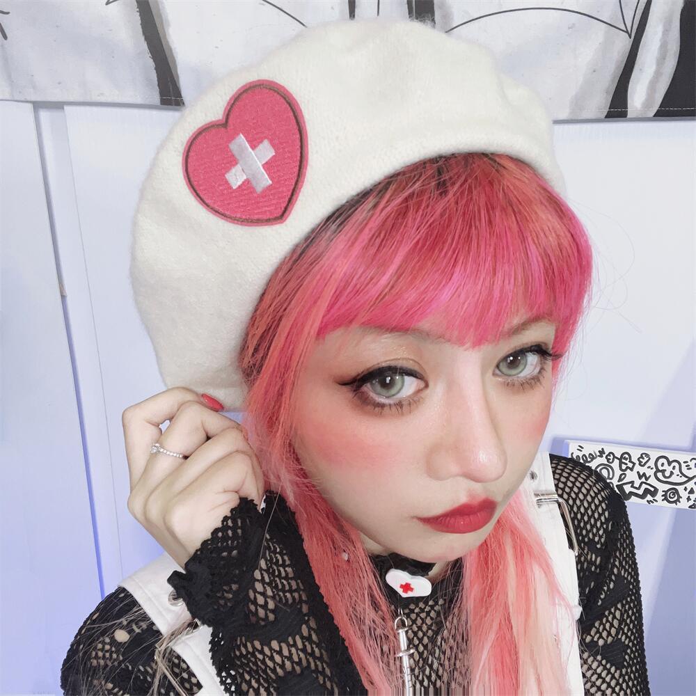 Millennium Spice Girl Beret Girls New Japanese Harajuku Y2K Sweet Soft Girl Love Cross Embroidery Beet Biscuits Hat