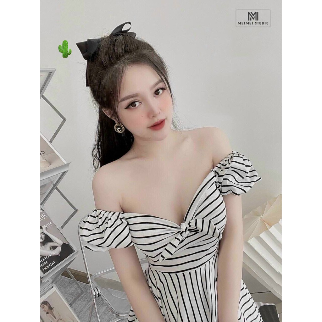 Đầm xinh sọc ngang tiểu thư tay ngắn cổ vuông phồng nhẹ xinh