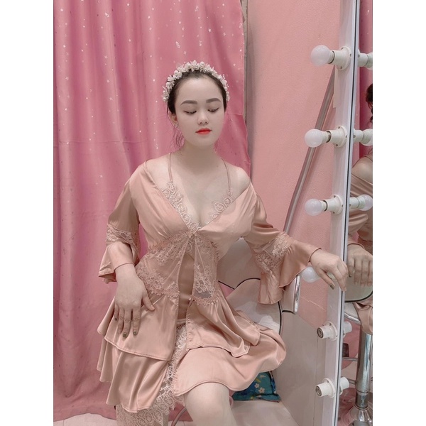 set choàng + váy ren ngủ sexy chuẩn xịn lụa cao cấp quảng châu